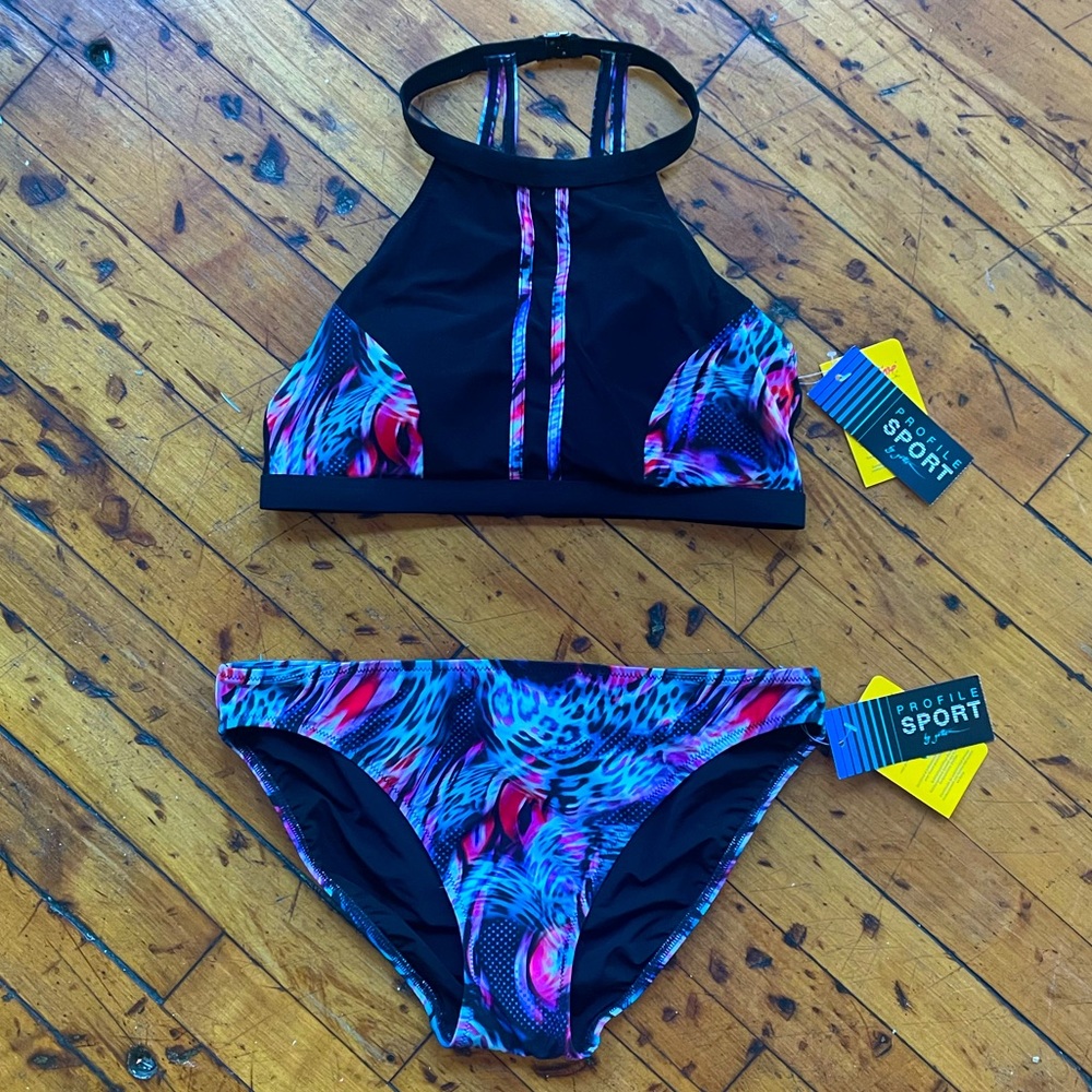 High Neck Two Piece Bikini with Graphic Print - New with Tags